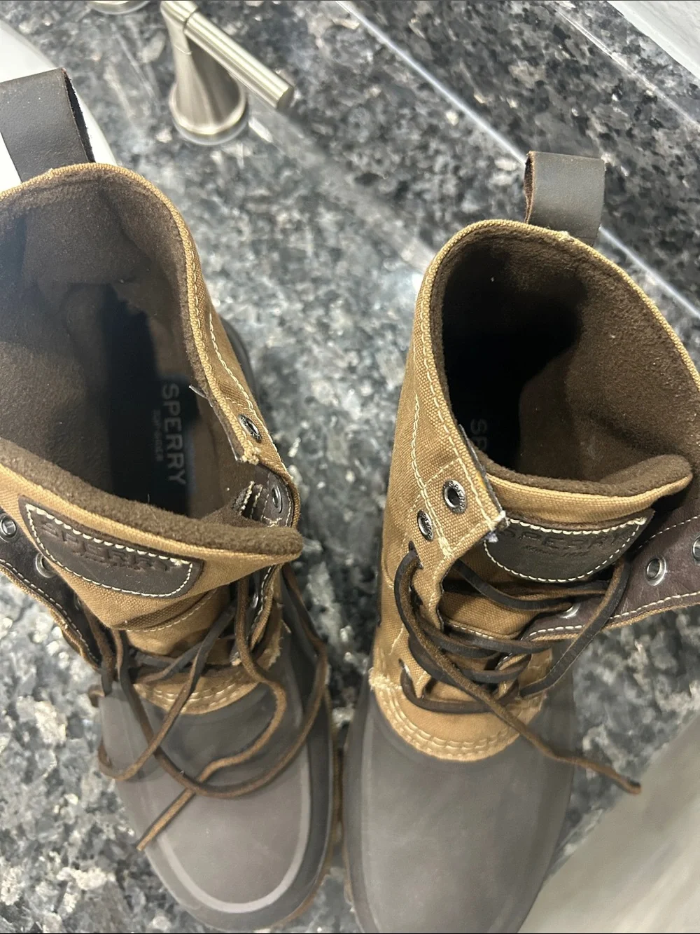Sperry Two-Tone Waterproof Lace-Up Men’s Duck Boots in Tan and Dark Brown